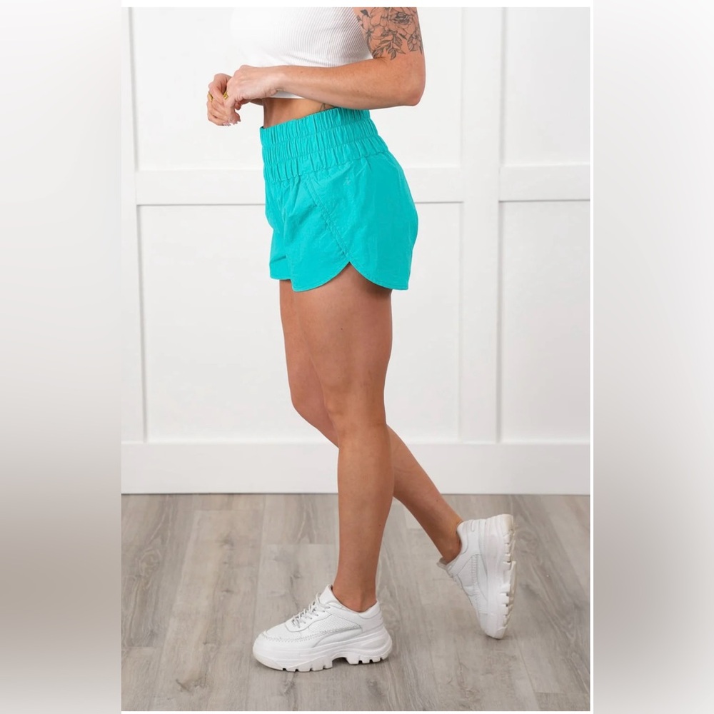 Zenana Smocked Waistband Windbreaker Running Shorts• Turqoise